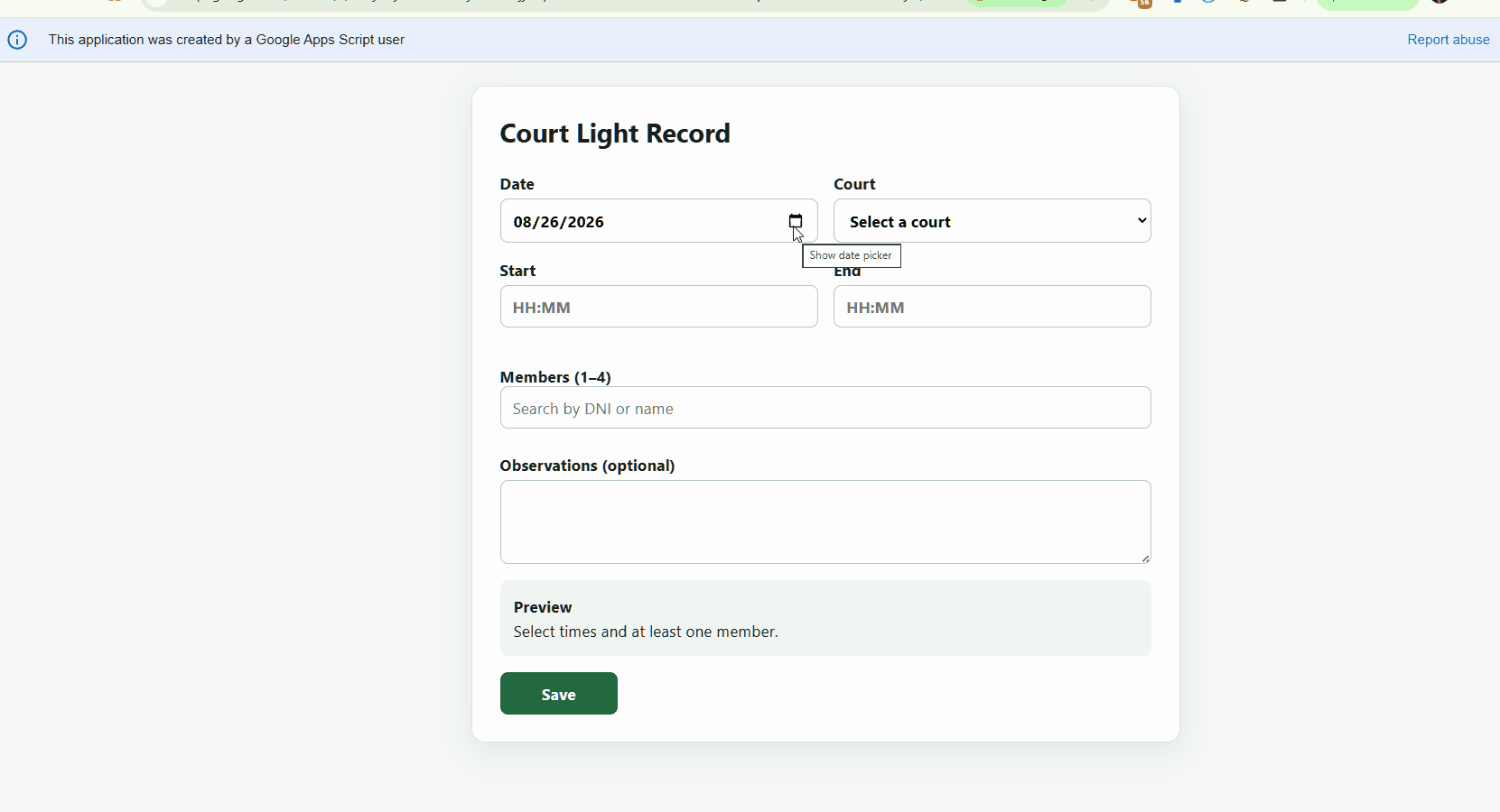 Court-light usage recording web app with date, court, time, and member selection